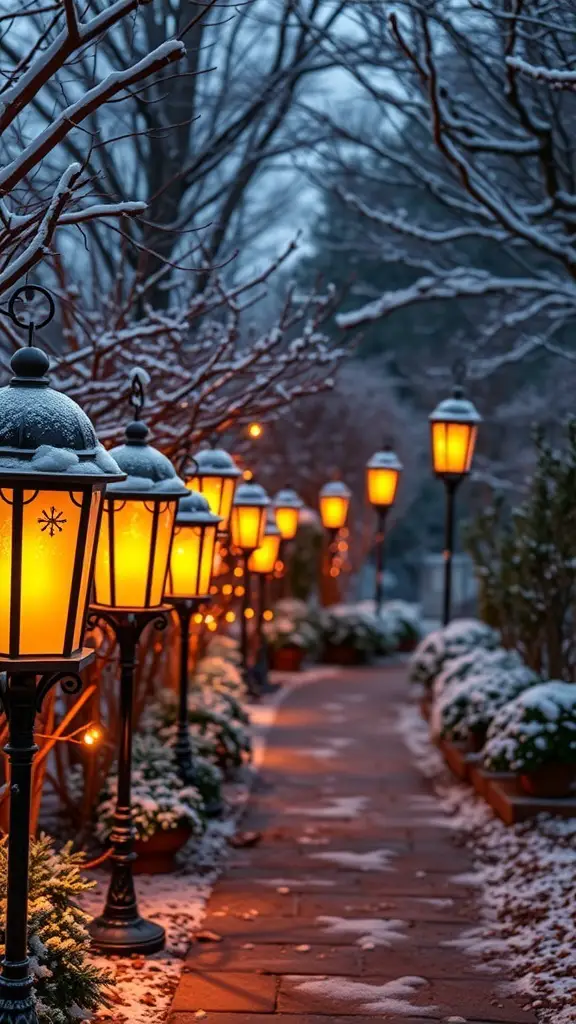 A pathway lined with glowing winter lanterns surrounded by snow-covered trees and plants.
