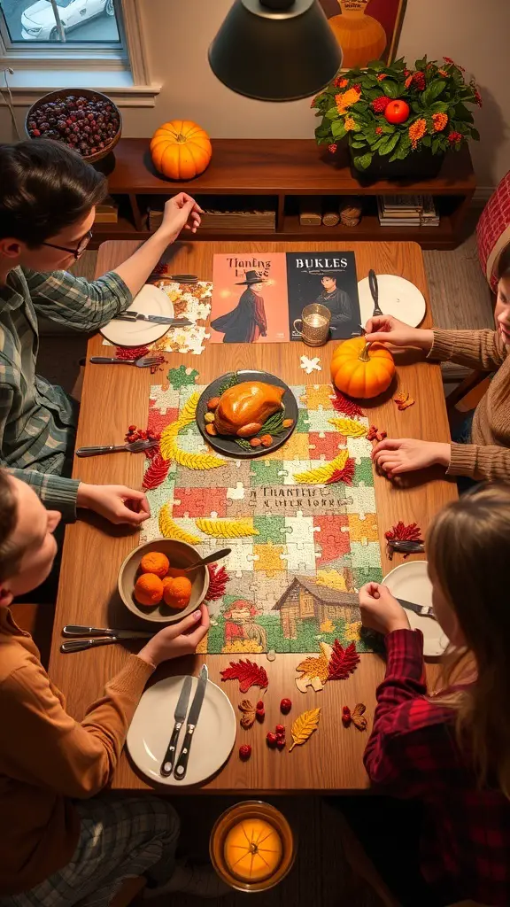 A family gathered around a table working on a Thanksgiving-themed puzzle, with seasonal decorations and treats.
