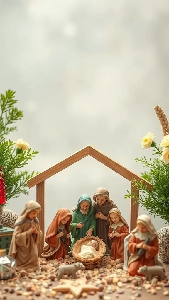 A traditional nativity scene featuring Mary, Joseph, and baby Jesus with surrounding figures.