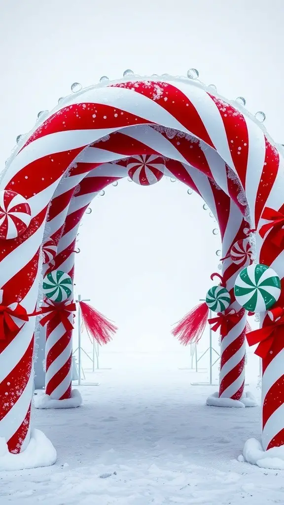A festive indoor archway decorated with red and white candy cane stripes, oversized peppermint swirls, and bows.