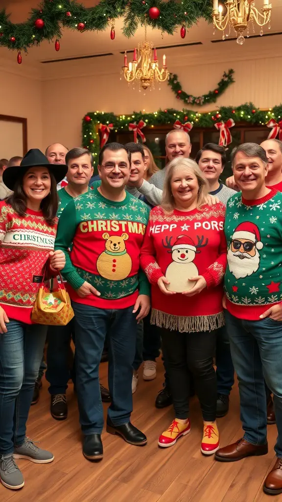 27+ Creative Christmas Party Ideas for Adults 2 Group of adults wearing colorful and funny ugly Christmas sweaters at a festive party.