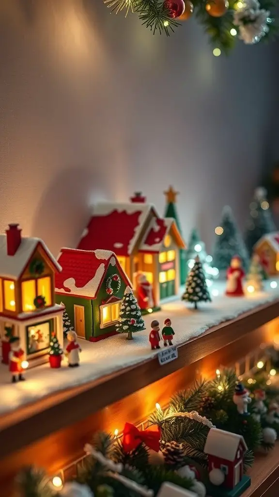 A festive miniature village scene with colorful houses, trees, and Christmas decorations.
