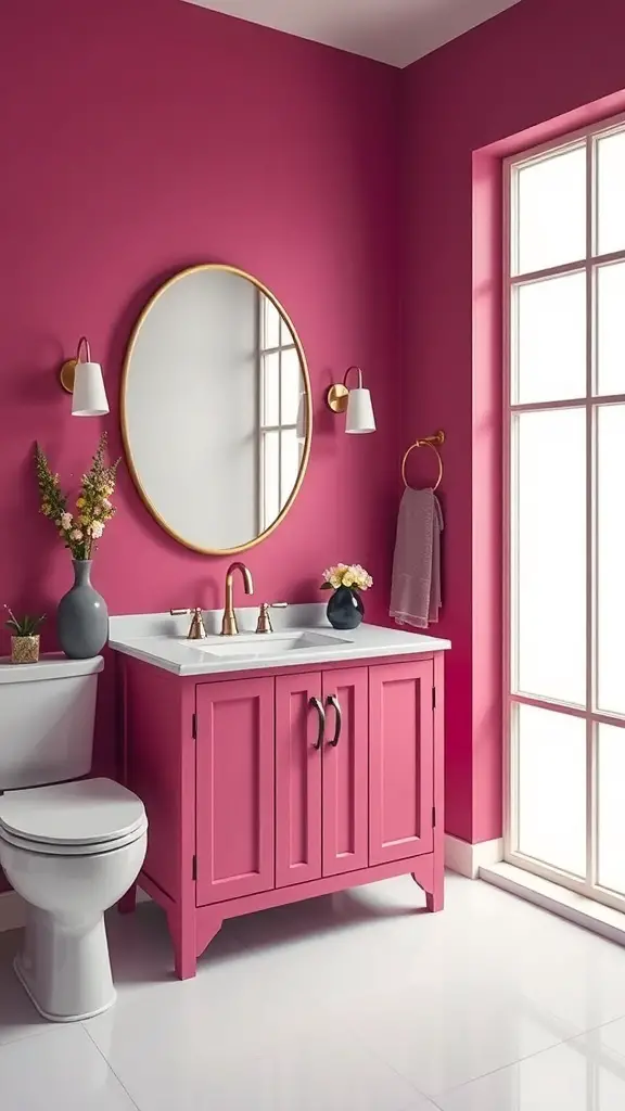 29+ Stunning Bathroom Vanity Ideas You’ll Love 7 A vibrant pink bathroom vanity with a white countertop, round mirror, and gold accents.