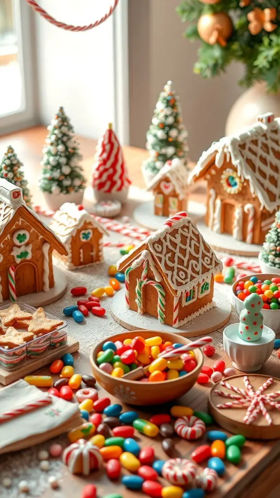 23+ Festive Christmas Event Ideas for a Joyous Celebration 2 A festive display of gingerbread houses decorated with colorful candies and festive ornaments.