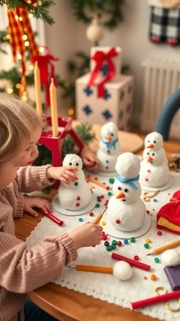 27+ Fun Christmas Activities for Toddlers 2 Children building snowmen with cotton balls and colorful decorations on a festive table.