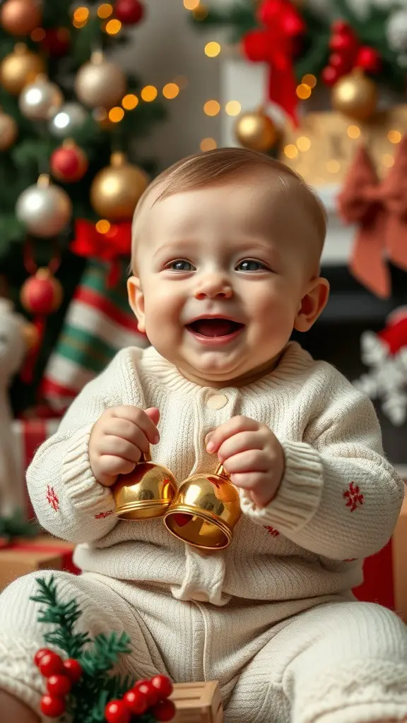 29+ Fun Christmas Activities for Babies to Celebrate the Holiday Season 2 A happy baby in a cozy sweater holding gold jingle bells, surrounded by Christmas decorations.