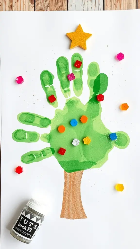 Handprint Christmas tree art with colorful decorations and a star on top