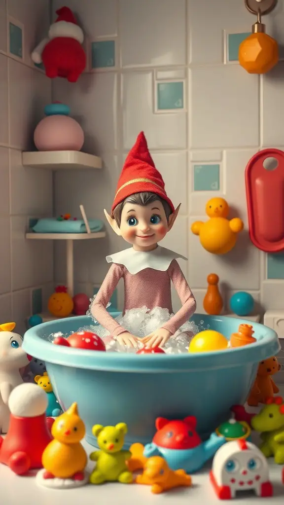 25+ Creative Elf on the Shelf Bathroom Ideas You Need to Try 2 Elf on the Shelf playing with colorful bath toys in a blue tub filled with bubbles.