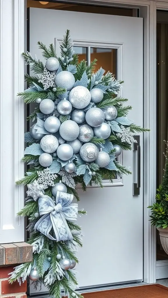 25+ Festive Christmas Swags Ideas for Your Front Door 2 A beautiful white and silver Christmas swag hanging on a front door, featuring ornaments, greenery, and a large bow.