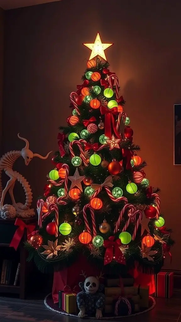 25+ Creative Nightmare Before Christmas Tree Ideas for Holiday Magic 15 A Christmas tree decorated with creepy candy cane accents, featuring dark colors and spooky ornaments.