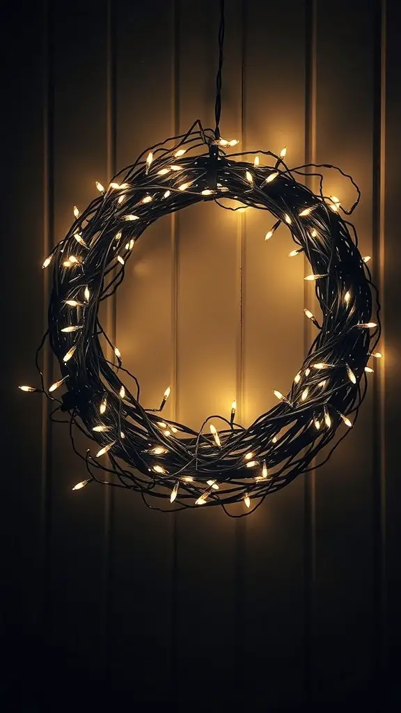 A grapevine wreath with fairy lights hanging on a wall.