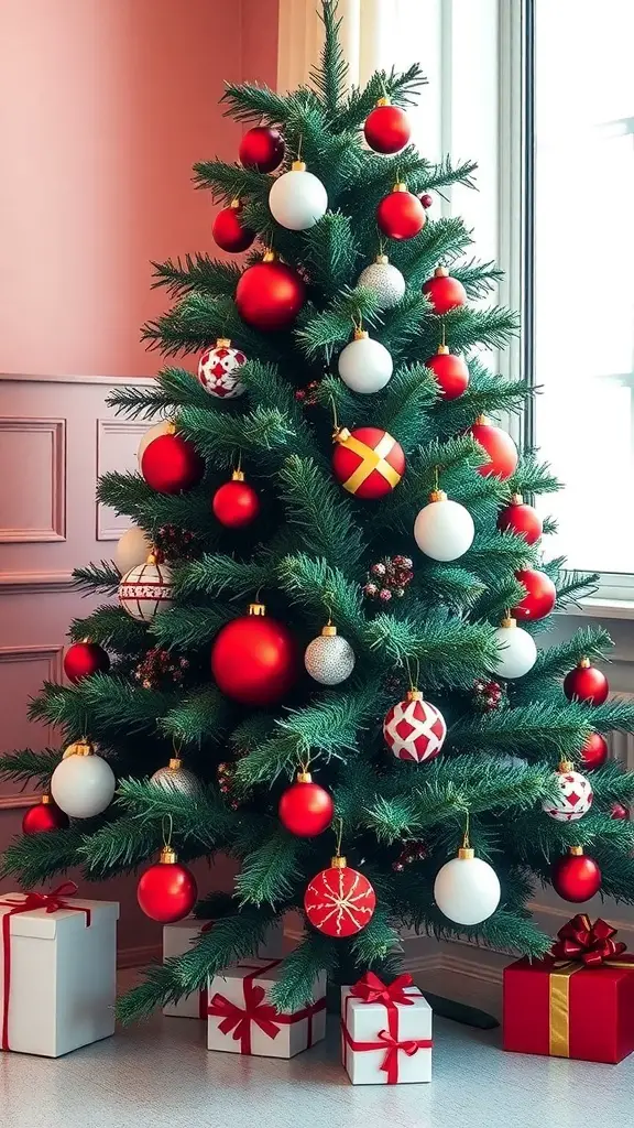 A modern Christmas tree decorated with red and white geometric ornaments, surrounded by wrapped gifts.