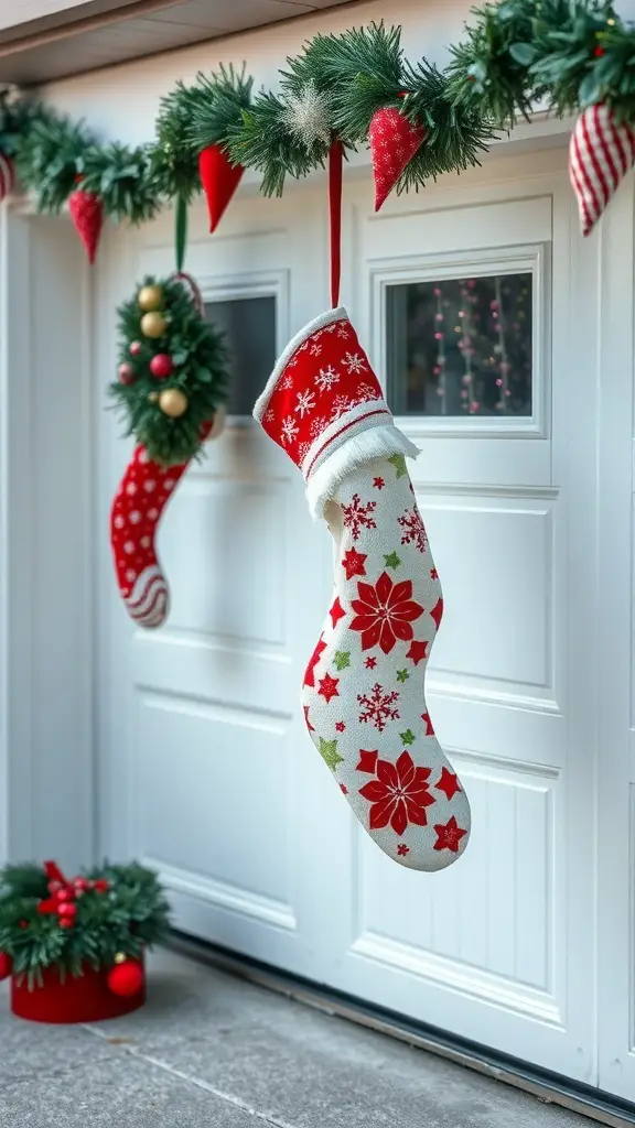 29+ Creative Garage Door Christmas Decorations You'll Love 2 Giant Christmas stockings hanging on a garage door, decorated with garlands and a wreath.