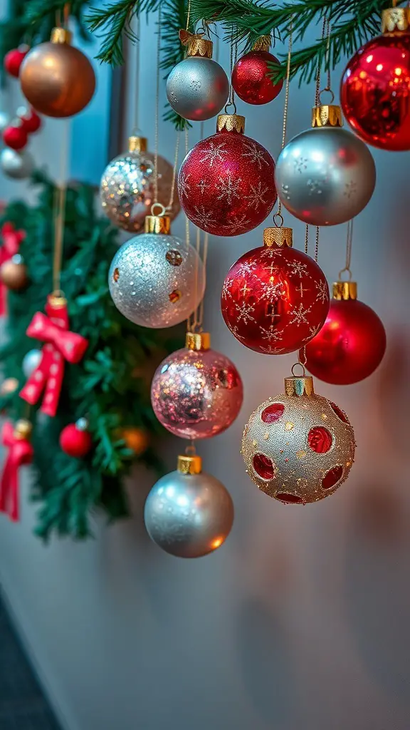 27+ Stunning Christmas Wall Art Ideas for a Festive Home 4 A collection of glistening Christmas ornaments in red and silver, hanging from a green garland.