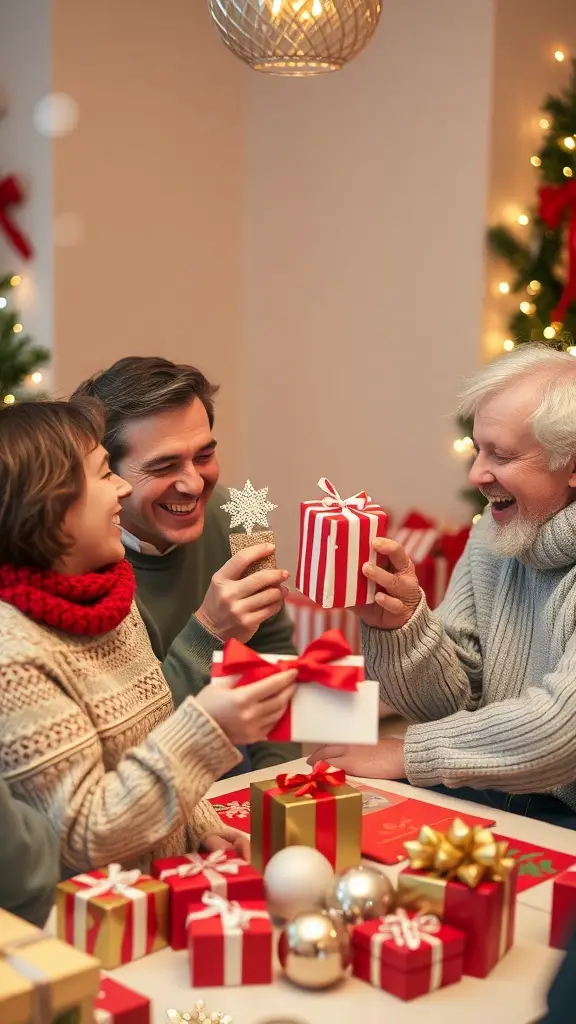 A festive gathering with friends and family exchanging gifts and enjoying the holiday spirit.