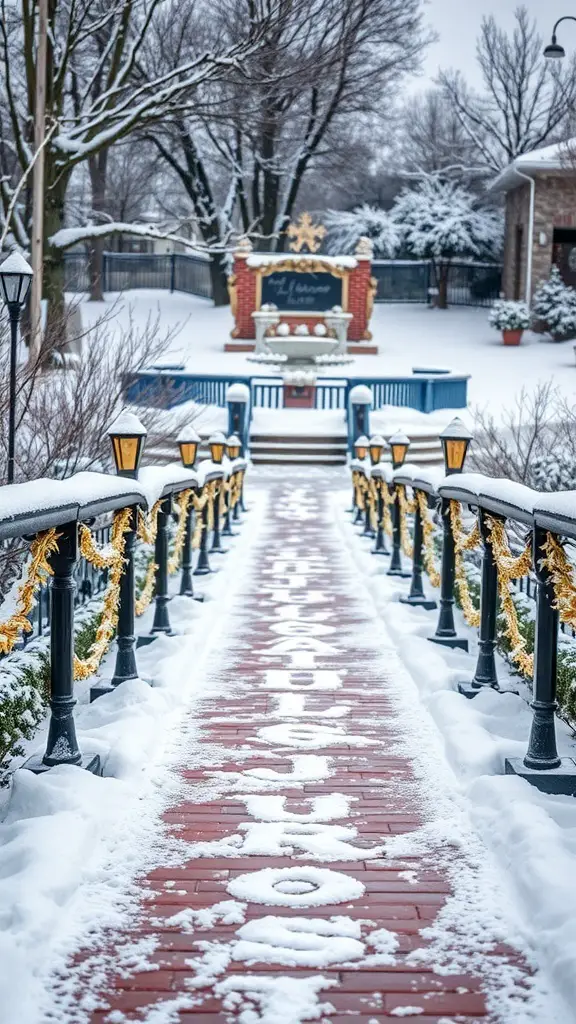 Snowy pathway with decorative markers and trees in the background.