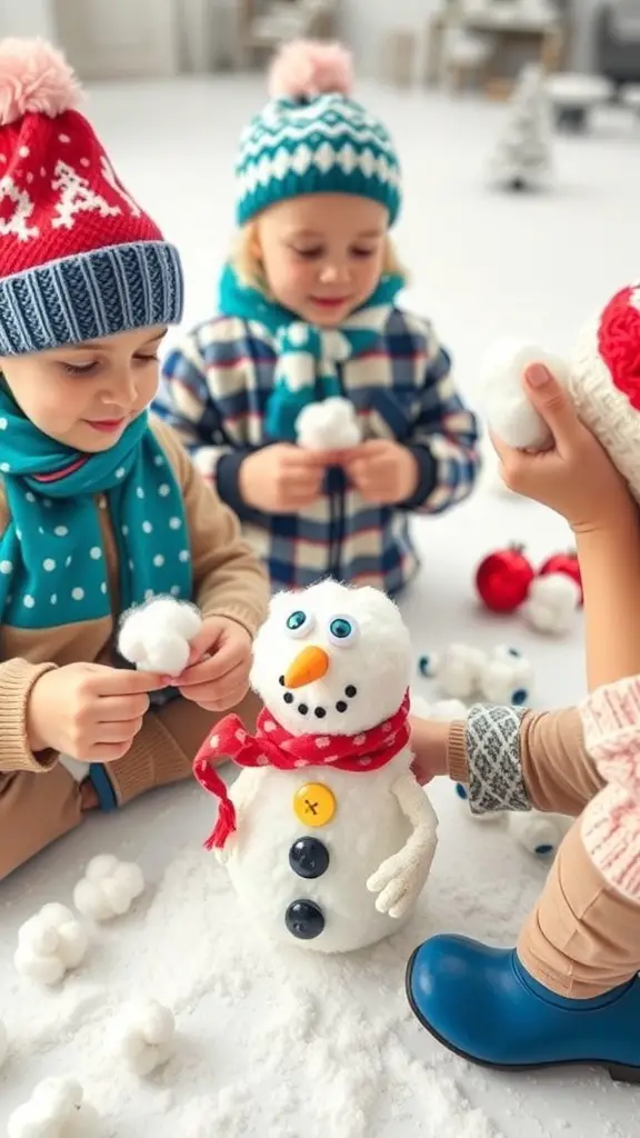 Children making a snowman with cotton balls, showcasing creativity and joy during a holiday craft activity.