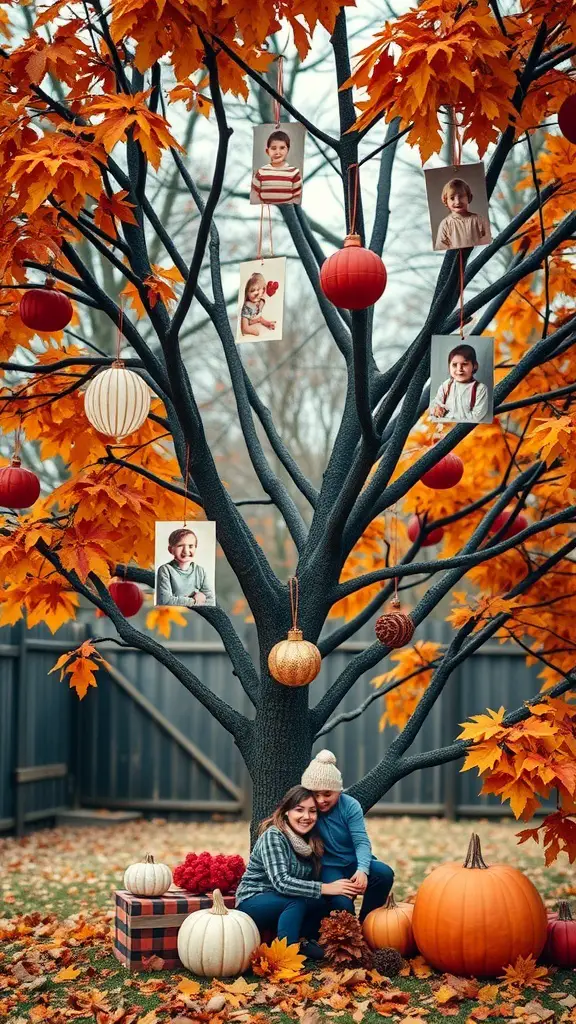 A Thanksgiving tree with family photos hanging from branches, surrounded by pumpkins and autumn leaves.