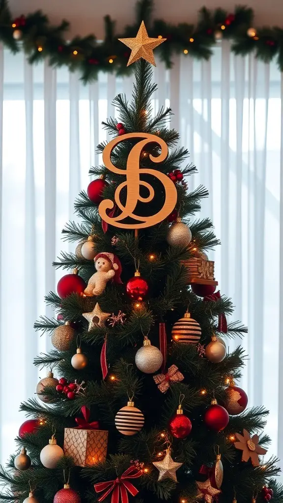 23+ Stunning Christmas Tree Topper Ideas to Inspire Your Holiday Decor 2 A Christmas tree topped with a personalized family initial 'S', decorated with ornaments and lights.