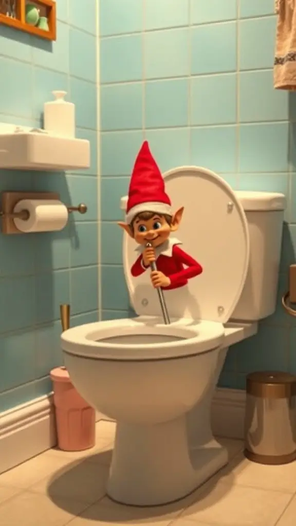 25+ Creative Elf on the Shelf Bathroom Ideas You Need to Try 14 An elf in a bathroom using a toilet plunger