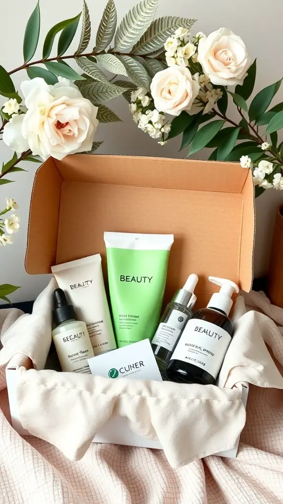 Subscription box filled with skincare products and floral decorations