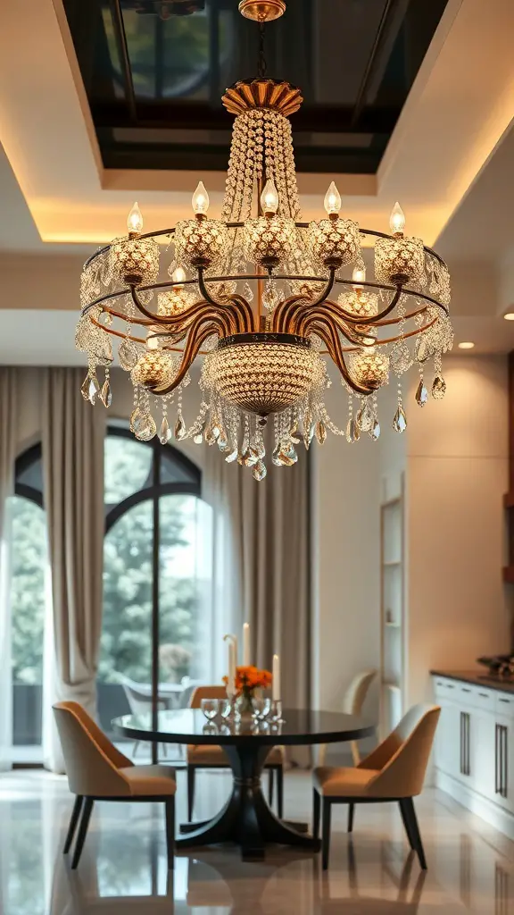 27+ Creative Ceiling Decoration Ideas for Every Room 2 A beautiful chandelier with crystals hanging in a dining area.