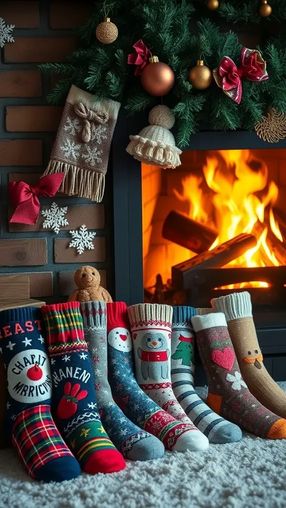 29+ Creative Christmas Stocking Ideas to Delight Everyone 2 A collection of winter-themed socks displayed by a cozy fireplace, decorated with festive designs.