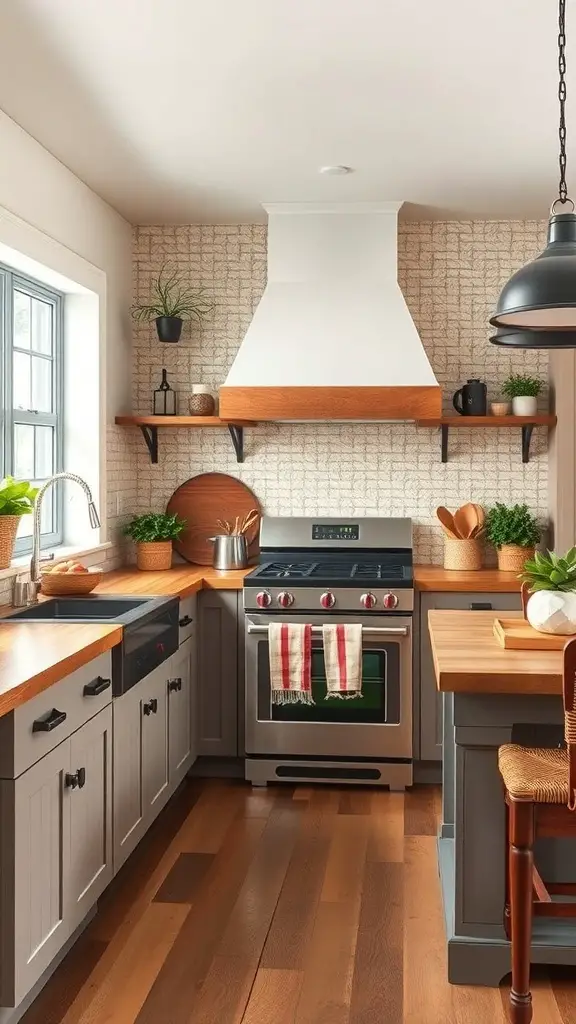 31+ Rustic Kitchen Design Ideas to Transform Your Space 10 A rustic kitchen featuring modern appliances, wooden countertops, and open shelving with plants.