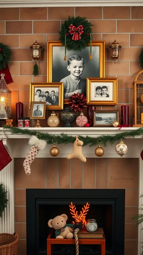 A vintage Christmas mantle decorated with ornaments, photos, and a teddy bear.