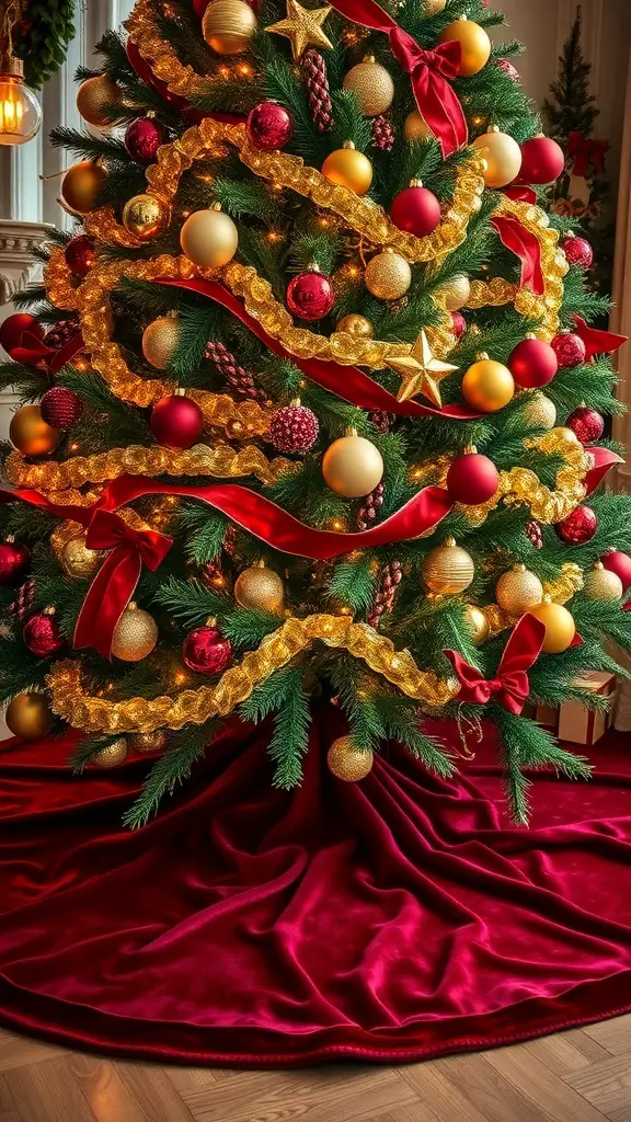 23+ Unique Christmas Tree Skirt Ideas for a Festive Touch 2 A Christmas tree decorated with red and gold ornaments, featuring a luxurious red velvet tree skirt.