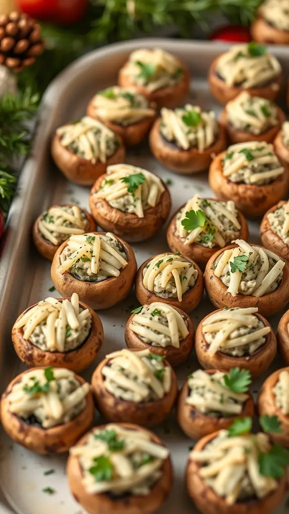 A tray of stuffed mushrooms topped with herbs and cheese, ready for a Christmas platter.