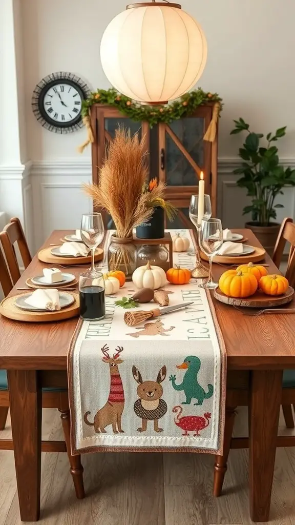A Friendsgiving table with a themed table runner featuring cute animal designs, pumpkins, and a cozy decor.