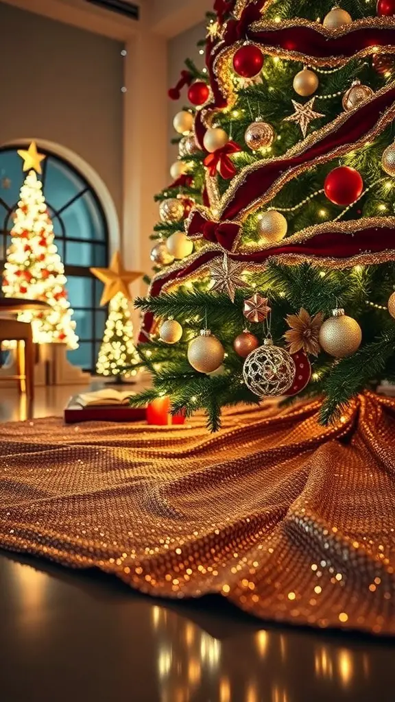 23+ Unique Christmas Tree Skirt Ideas for a Festive Touch 10 A beautifully decorated Christmas tree with a sparkling sequin tree skirt.