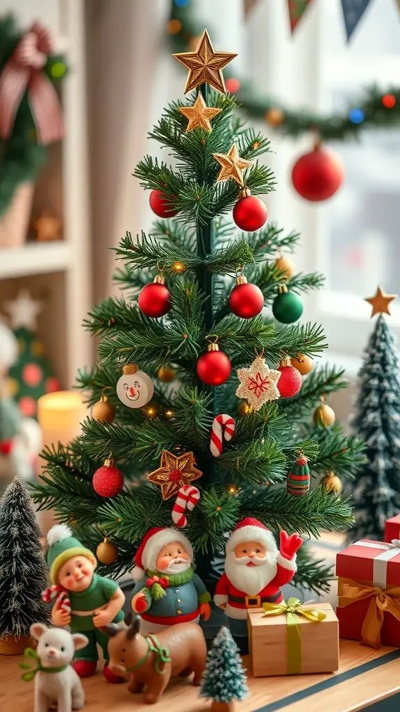 27+ Adorable Tabletop Christmas Tree Ideas for Your Holiday Decor 12 A festive tabletop Christmas tree surrounded by playful toy figurines and gift boxes.