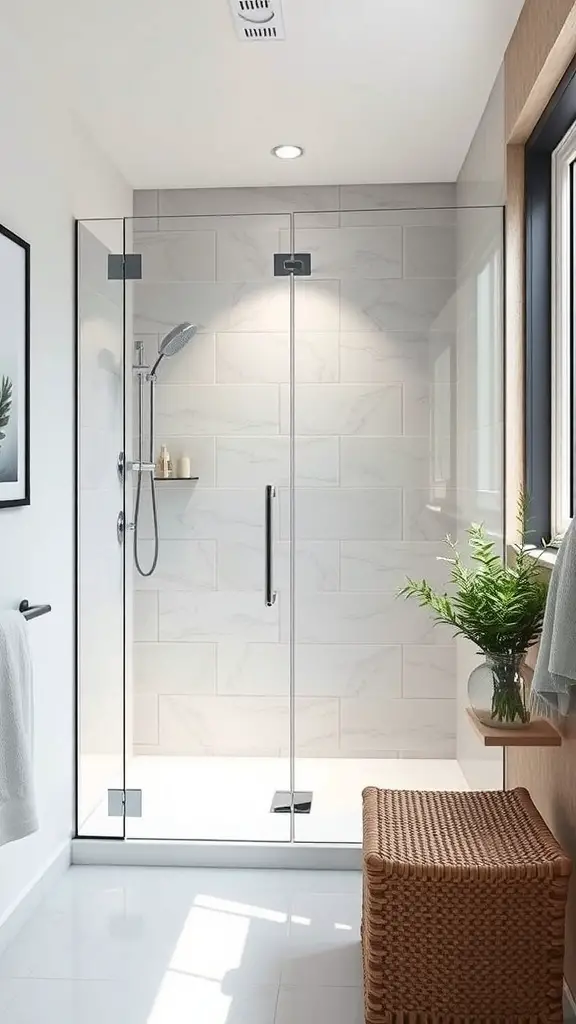 25+ Inspiring Small Walk-In Shower Ideas to Maximize Your Space 3 A minimalist walk-in shower featuring glass enclosures, bright tiles, and a small plant.