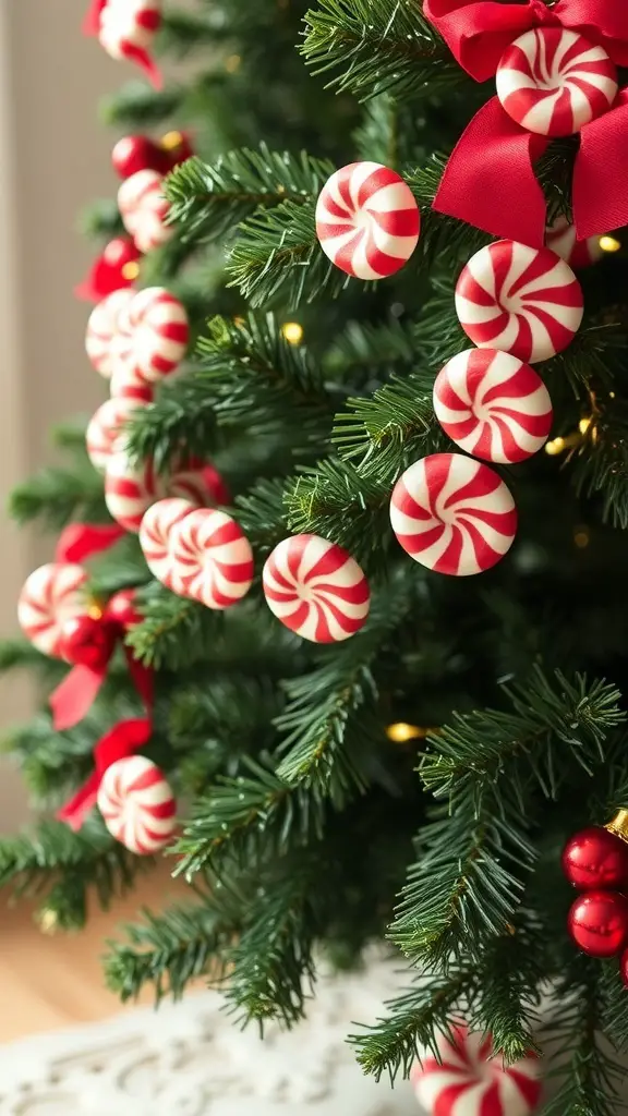A close-up of a Christmas tree decorated with peppermint candies and red ribbons.