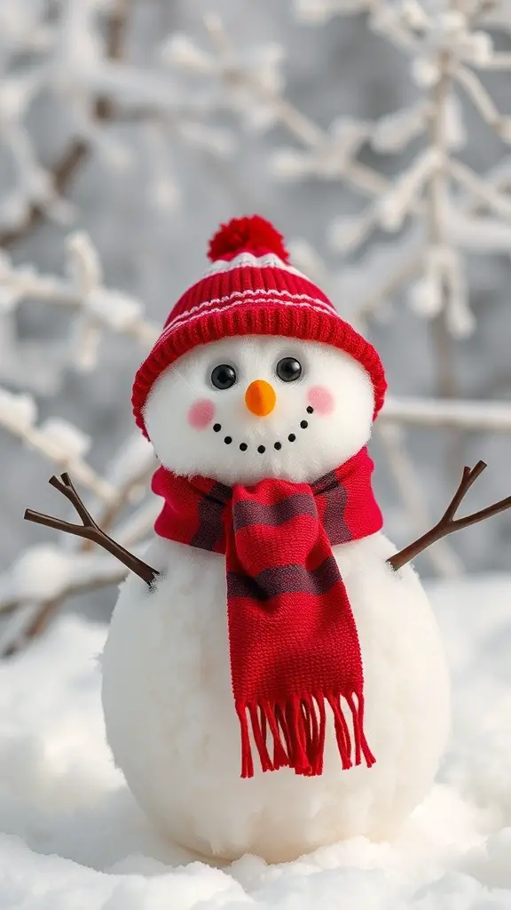 A cute snowman made of cotton balls, wearing a red hat and scarf, with a smiling face.