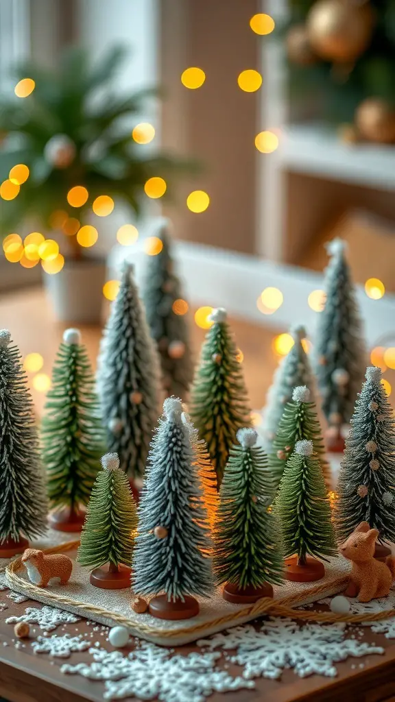 27+ Adorable Tabletop Christmas Tree Ideas for Your Holiday Decor 2 A tabletop display of miniature Christmas trees and a fox, creating a whimsical forest scene.