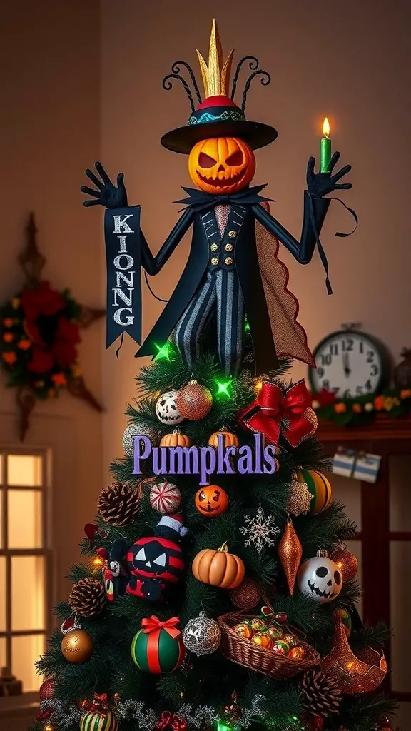 25+ Creative Nightmare Before Christmas Tree Ideas for Holiday Magic 2 A Christmas tree topped with a Pumpkin King figure from Nightmare Before Christmas, surrounded by themed ornaments.