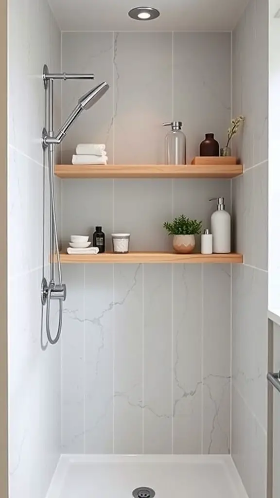 25+ Inspiring Small Walk-In Shower Ideas to Maximize Your Space 6 Small walk-in shower with floating wooden shelves for storage