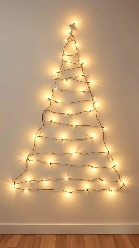 29+ Creative Wall Christmas Tree Ideas for a Festive Holiday Display 2 A wall decorated with string lights shaped like a Christmas tree, featuring a star at the top.