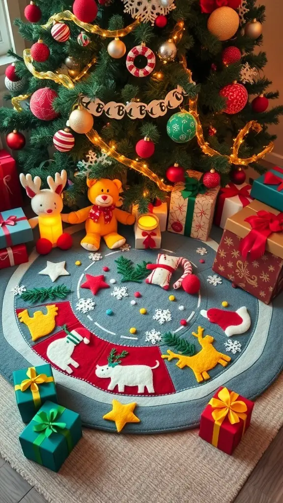 23+ Unique Christmas Tree Skirt Ideas for a Festive Touch 6 A colorful felt Christmas tree skirt with playful animal designs, surrounded by gifts and decorations.