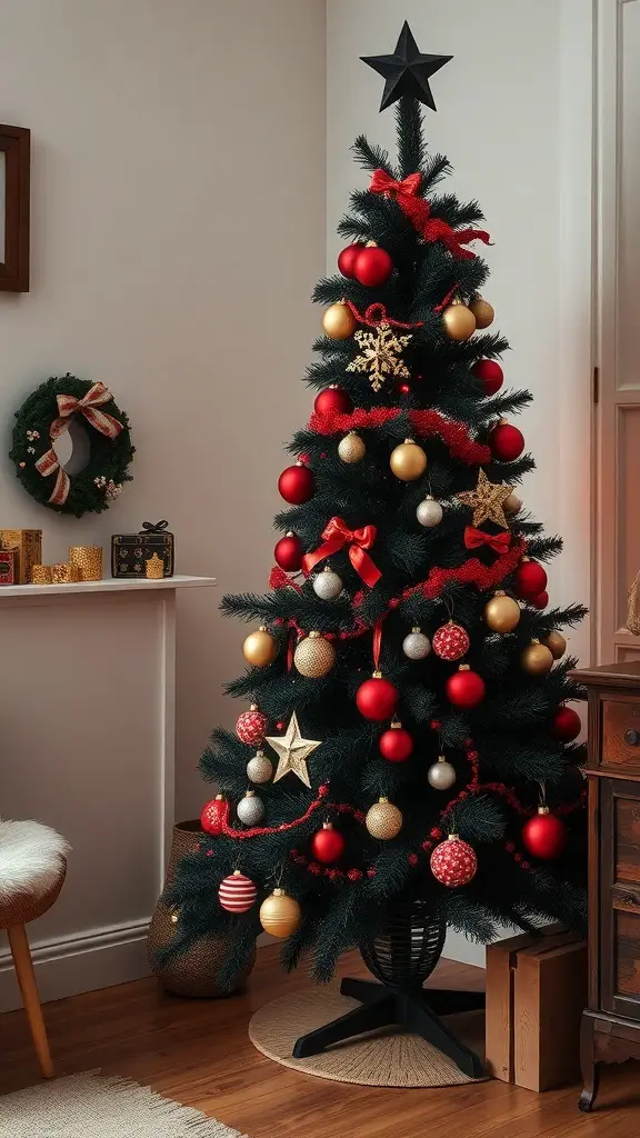 27+ Stunning Black Christmas Tree Ideas to Elevate Your Holiday Decor 2 A vintage-inspired black Christmas tree decorated with red and gold ornaments.