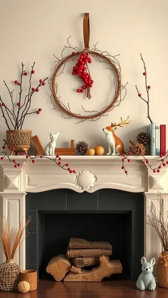 A cozy fireplace mantle decorated with a nature-inspired woodland theme, featuring a wreath, woodland animal figurines, pinecones, and pumpkins.