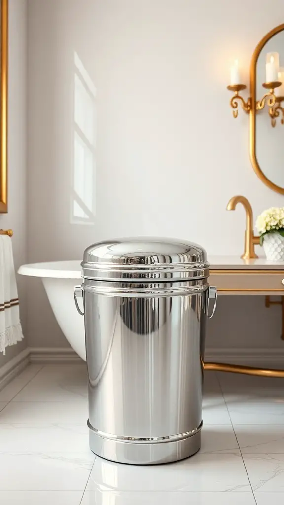 A stylish metallic trash can in a modern bathroom setting.