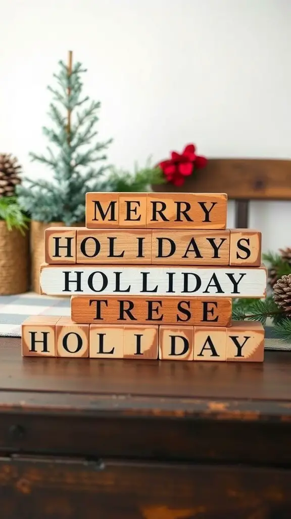 Wooden block holiday signs with messages like 'Merry Holidays' and 'Holiday Tree' arranged on a table