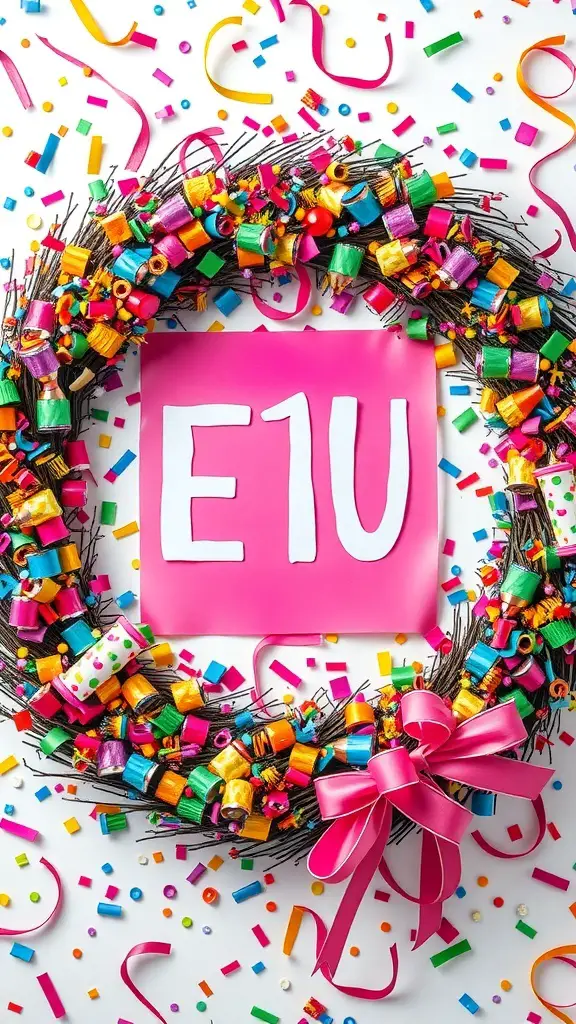 A colorful New Year wreath decorated with confetti, ribbons, and a pink bow.