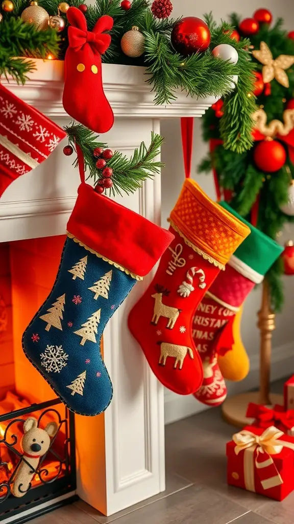 Colorful felt Christmas stockings hanging by a fireplace, decorated with festive designs.