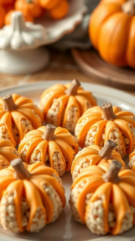 A plate of cereal treat pumpkins decorated with orange candy melts and chocolate stems.