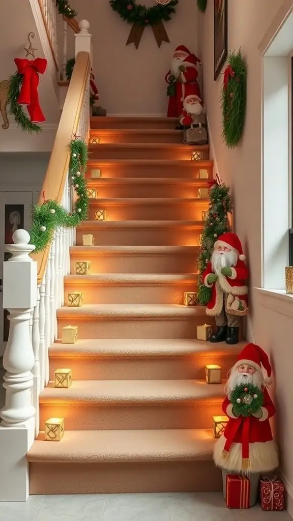 25+ Creative Christmas Staircase Decor Ideas to Transform Your Home 2 A staircase decorated with Santa figurines, garlands, and warm lighting for Christmas.
